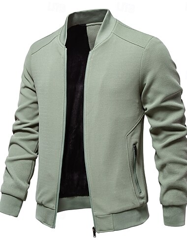  Men's Waffle Jacket Casual Jacket Casual Daily Sexy Spring &  Fall Solid / Plain Color Casual Standing Collar Regular Apricot Black Light Green Khaki Army Green Jacket