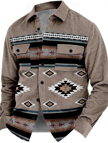  Herren Ethnisch Cowboy Cord Hemd Hemdjacke Overshirt Langarm Vintage Stamm Outdoor Alltagskleidung Herbst Winter Umlegekragen Hemden mit Kragen Knopf 3D-Druck 2 Taschen 1pc Khaki Grau