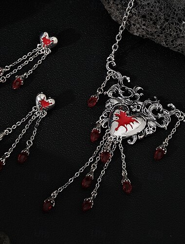  Gothic skull heart halskjede og øredobber satt med røde krystalldråper - halloween statement smykker for cosplay og spesielle arrangementer