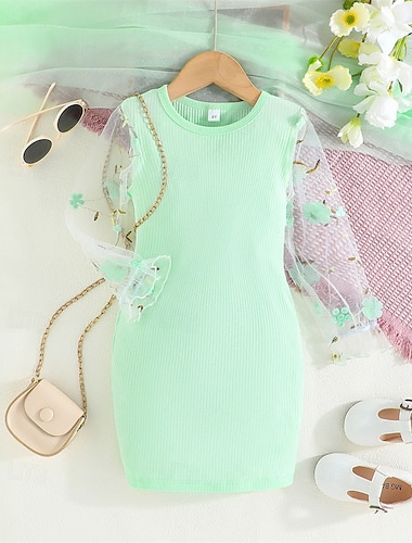 Girls' 3D Flower Dress Long Sleeve Summer Spring Vacation Daily Holiday Beautiful Sweet Little Kids(4-7ys) 4-7 Years Casual Dress Knee-length Regular Fit