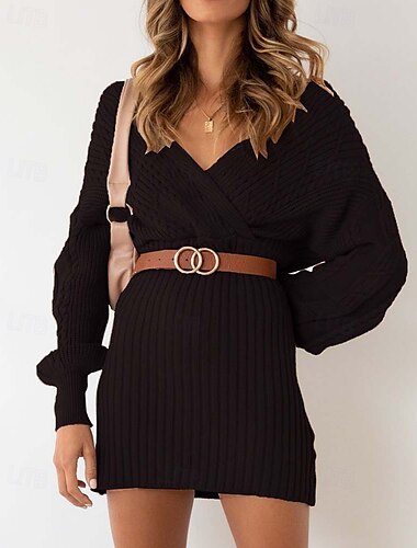 robe pull femme quotidien élégant couleur unie col en V col en V manches évêque manches longues hauts réguliers tricot formel extérieur noir rouge automne hiver