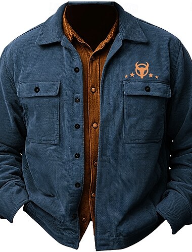  Herren Feste Farbe Kuh Hemdjacke Overshirt Langarm Vintage Stamm Alltagskleidung Herbst Winter Hemden mit Kragen Knopf hoch 3D-Druck 2 Taschen 1pc Armeegrün Marineblau Braun