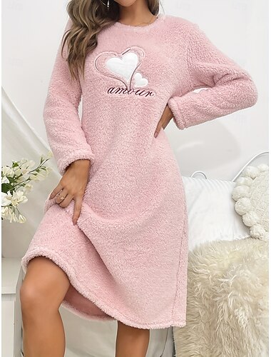  Camisón de mujer para estar en casa, informal, con forma de corazón, cómodo, de forro polar sherpa, vestido cómodo, bordado, ropa para el hogar para otoño e invierno