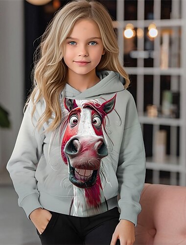  Mädchen 3D Graphic Tier Pferd Kapuzenshirt Langarm Herbst Winter Modisch bezaubernd Basic kinderkleidung 4-12 Jahre Mit Kapuze Outdoor Casual Täglich Regular Fit