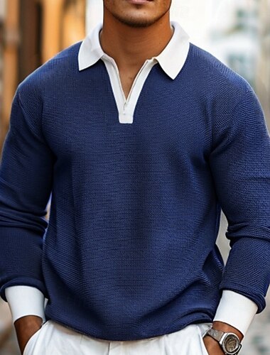 Herren Waffel-Poloshirts Viertel-Reißverschluss-Poloshirt Outdoor Lässig Viertelreißverschluss Langarm Mode Modern Einfarbig Gestrickt Frühling & Herbst Standard Passform Marineblau Dunkelgrün Orange