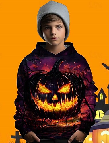  ハロウィーン 男の子 3D グラフィック カボチャ パーカー 長袖 春 秋 ファッション ストリートファッション ポリエステル 子供 4〜12年 フード付き アウトドア カジュアル 日常 レギュラー