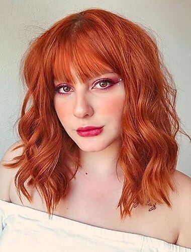  Short Wavy Wig with Bangs for Women Shoulder Length Bob Curly Women's Charming Synthetic Wigs with Natural Wavy Heat Resistant Hair for Daily Party Use