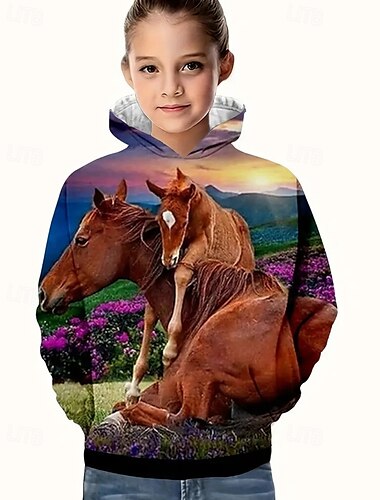 Da ragazzo Da ragazza 3D Pop art Animali Cavallo Felpa con cappuccio Manica lunga Autunno Inverno Di tendenza Adorabile Essenziale Bambino 4-12 anni Con cappuccio Esterno Informale Giornaliero