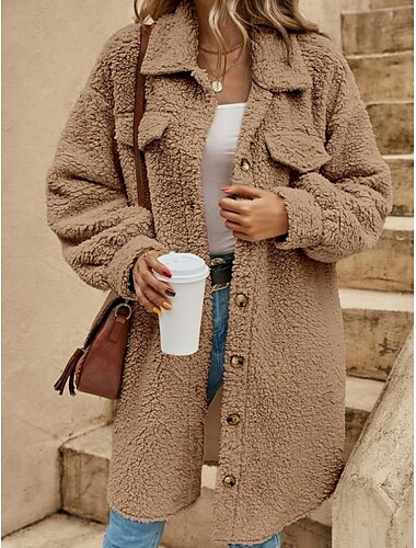  Damen Freizeitjacke Street Alltagskleidung Herbst Winter normaler Mantel lockere Passform warm atmungsaktiv moderne stylische Plüschjacke lange Ärmel einfarbig mit Taschen Aufdruck hellbraun khaki
