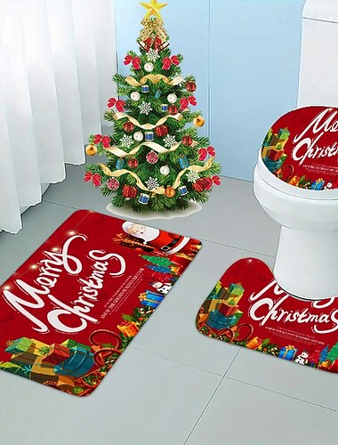  3 peças de tapetes e capachos de banheiro de natal, tapetes de banho antiderrapantes e absorventes de água, assento/tampa de vaso sanitário, tapete de banheiro em forma de U, capachos de decoração