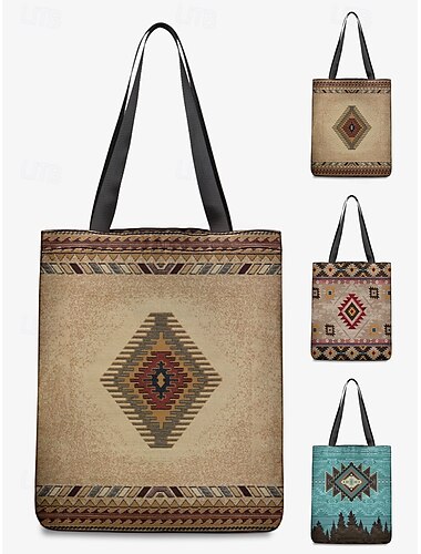  sac fourre-tout en toile à motifs géométriques pour femme - sac de shopping et de loisirs de grande capacité de style vintage