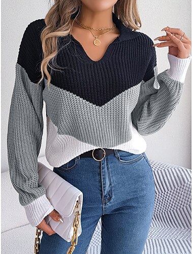  Damen Pullover Täglich Brautkleider schlicht Gestreift Polo-Kragen Strick Langarm Normale Oberteile Stricken Arbeit Blau Khaki Herbst Winter