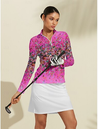  Damen poloshirt Weiß Dunkelblau Rosenrot Langarm Shirt Blumen Damen-Golfkleidung, Kleidung, Outfits, Kleidung