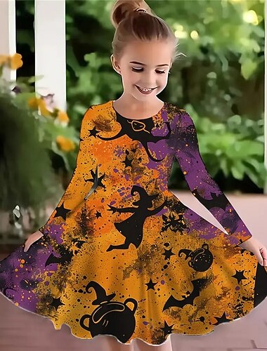  عيد الرعب الفتيات 3D الرسم ساحرة خفاش فستان كم طويل الصيف الربيع مناسب للبس اليومي مناسب للعطلات عطلة جميل حلو أطفال 4-12 سنة لباس غير رسمي فستان شكل حرف A طول الركبة بوليستر عادي