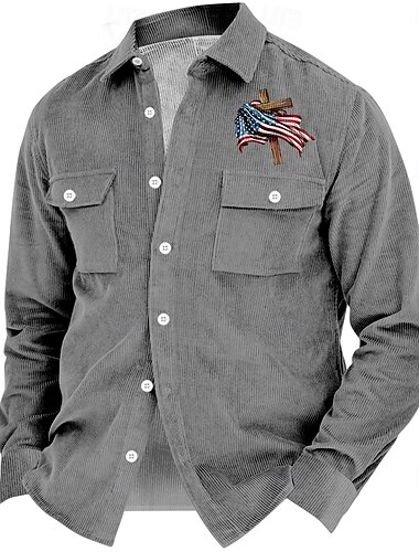  Amerikanischer Unabhängigkeitstag Herren Amerikanische Flagge Cowboy Cord Hemd Hemdjacke Overshirt Langarm Vintage Stamm Outdoor Alltagskleidung Herbst Winter Umlegekragen Hemden mit Kragen Knopf