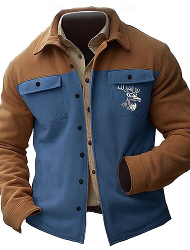  Herren Hirsch Hemdjacke Overshirt Langarm Vintage Brautkleider schlicht Freizeitskleidung Ausgehen Herbst Winter Umlegekragen Knopf 3D-Druck 2 Taschen 1pc Blau Braun Khaki