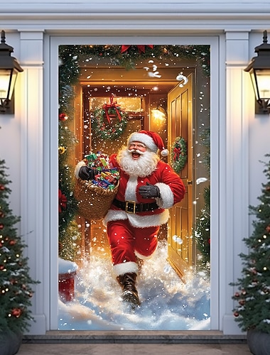  クリスマスドアデコレーション、ドアカバー、クリスマスサンタドアタペストリー、ドアカーテンデコレーション背景、屋内/屋外ドアバナー、玄関ドア用、農家のホリデーパーティーデコレーション用品、ギフトの配達