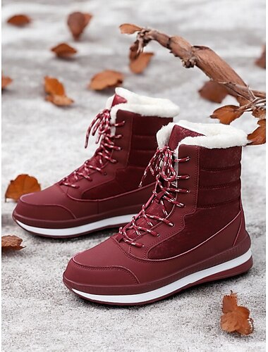  Botas de invierno impermeables con cordones rojos para mujer, con forro de felpa y suela antideslizante: elegantes botas de nieve para clima frío