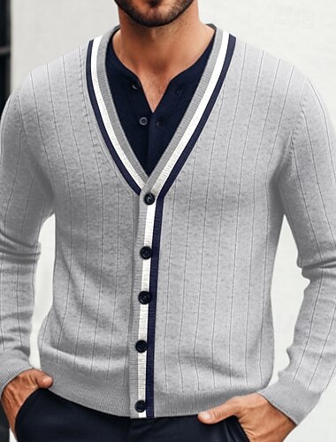  Herren Strickjacke Gerippt Stricken Standard Farbblock Gerippt Feste Farbe V Ausschnitt Strickware Elegant Heim Arbeit Bekleidung Bischof Frühling Herbst Marineblau Kaki S M L