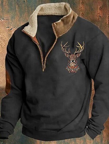  Sudadera de caza de ciervos para hombre, jersey de manga larga con cremallera de un cuarto, tops de invierno vintage con cuello alto, media cremallera, estampado de renos, ajuste holgado, ropa de calle diaria, polar fino, ropa de otoño e invierno