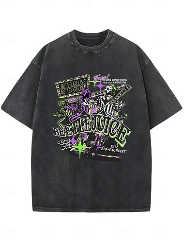  Beetlejuice 2 T-Shirt-Ärmel Übergroßes Acid Washed T-Shirt Bedruckt Zeichen Grafik Für Paar Herren Damen Erwachsene Heißprägen Casual