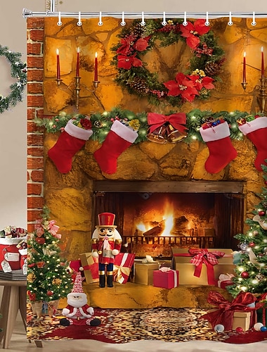  rideau de douche joyeux Noël avec crochets pour salle de bain rideau de douche ensemble de décoration de salle de bain polyester imperméable lot de 12 crochets en plastique