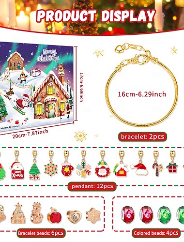  Jule adventskalender armbånd 2025 jenter 24 dager Xmas nedtelling kalender DIY smykkebeslag gave 22 charms perler 2 armbånd barn tenåringer kvinner