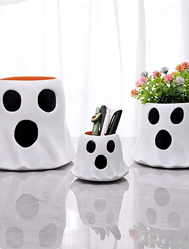  søt halloween spøkelsesgodteribøtte, plante- og hageplanter, skrivebordsdekor, pennholder for halloween atmosfære, lagringspynt