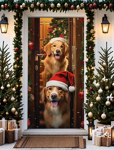  クリスマスドアデコレーション、ドアカバー、クリスマス犬、ドアタペストリー、ドアカーテンデコレーション背景、玄関ドア用ドアバナー、農家の休日パーティー装飾用品、屋内/屋外用