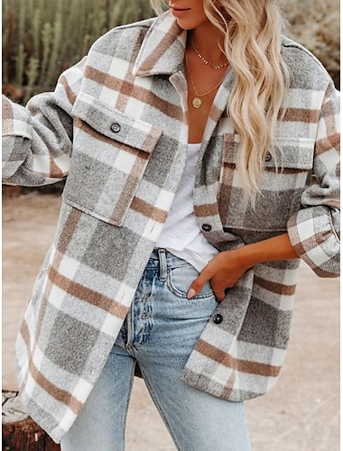  Damen Hemdjacke Shacket warm halten Atmungsaktiv Knopf Tasche Bedruckt Brautkleider schlicht Plaid Urlaub Strasse Freizeitskleidung Ausgehen Einreihiger Verschluss Standard Umlegekragen Regular Fit