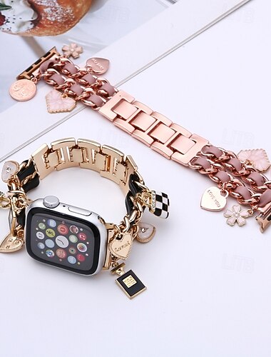  Bransoletka z biżuterią Kompatybilny z Pasek do zegarka Apple Watch 38mm 40mm 41mm 42mm 44mm 45mm 49mm Podwójny łańcuch Luksusowy Regulowany Stop Wymienny pasek do zegarka na iwatch Ultra 2 Series 9