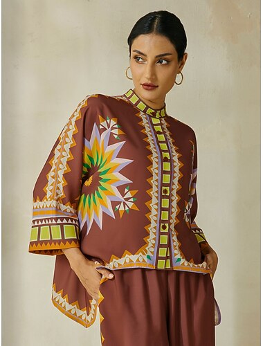  Women's Shirt Brown Vintage Bohemian Geometric Graphic Satin Silk Magyar 3/4 Sleeve Crew Neck Casual Daily Weekend Vacation Spring Fall