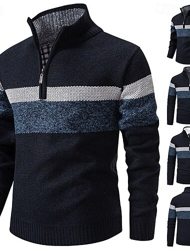  Pánské Pulovrový svetr Čtvrtletní svetry na zip Pletený svetr Rýhovaný Plést Standardní Pletený Fleece Barevné bloky Čtvrtletní zip Módní Základní Denní nošení Rande Oblečení Podzim zima Námořnick