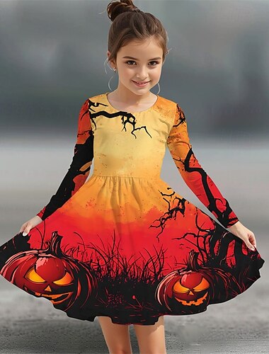  ハロウィーン 女子 3D グラフィック ハロウィンのカボチャ ドレス 長袖 夏 春 日常 祝日 バケーション 美しい ハロウィンカスタマー 子供 4〜12年 カジュアルドレス A ラインドレス 膝丈 ポリエステル レギュラー