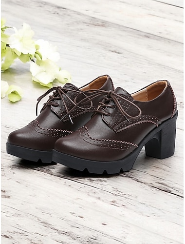  lichtblauwe veterschoenen met brogue en dikke hak voor dames - vintage-geïnspireerde platformhakken voor casual en kantoorkleding