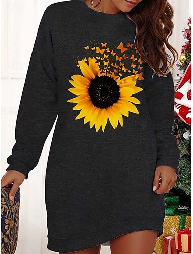  Women's Polyester Floral Crew Neck Maxi Dress Long Sleeve Fall Winter