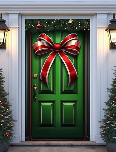  Christmas Door Decorations Door Covers Xmas Festive Bow Tie Door Tapestry Door Curtain Decoration Backdrop Indoor/Outdoor Door Banner for Front Door Farmhouse Holiday Party Decor Supplies
