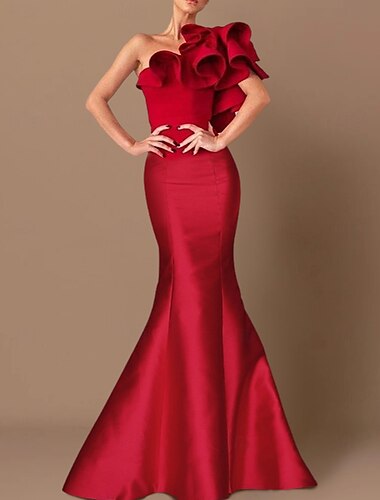  Robe de Soirée Sirène Corsets Robe Invité de Mariage Formel Longueur de Sol Sans Manches Une Épaule Taffetas avec Volants Fleurs à l'Épaule Robe Mascarade 2025