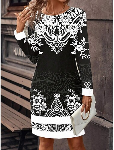  Dames Mini-jurk Sweaterjurk Winter jurk Corset Jurk Schede jurk Elegant Stijlvol Vakantie Feest Straat Normale pasvorm Bloemig Lange mouw Strakke ronde hals Wit Zomer Herfst Winter