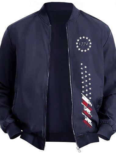  Herren Amerikanische US-Flagge Sterne Bomberjacke Mantel Brautkleider schlicht Sports Outdoor Freizeitskleidung Seitentaschen Reißverschluss vorne Grafik Herbst Winter Stehkragen Langarm Schwarz Rote