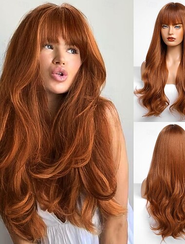  Perücke mit Pony für Frauen, lange Perücke aus gewelltem Haar, lockige, gewellte Kunsthaarperücke für Mädchen, für den täglichen Gebrauch auf Partys