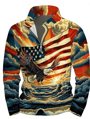  Pánské Grafika Americká vlajka Kapucky Čtvrtletní mikina na zip Dlouhý rukáv Mikina Stojáček Denní Na běžné nošení Vintage Retro 3D tisk Dovolená Jdeme ven Streetwear Tisk Podzim Jaro & podzim