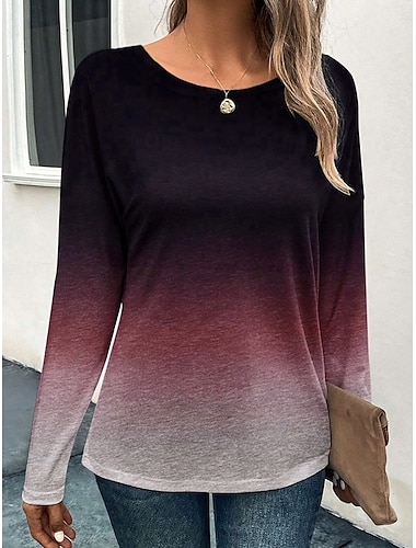  Damen T Shirt Farbverläufe Modisch Brautkleider schlicht Langarm Rundhalsausschnitt Normale Oberteile Täglich Wochenende Bedruckt Rote Blau Purpur Grau Frühling & Herbst