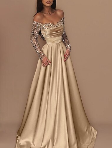  Ballkleid Gold Abendkleid Heißes Kleid Verlobung Hochzeitsfeier Sweep  Pinsel Zug 3/4-lange Ärmel Off Shoulder Satin mit Pailletten