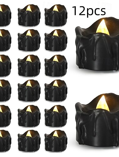  schwarze flammenlose Tropfenkerzen, gelbe funkelnde Teelichtkerze mit Glitzerdekoration, freistehender runder Kunststoff mit Einzeldocht für verschiedene Raumtypen, Valentinstag, Halloween,