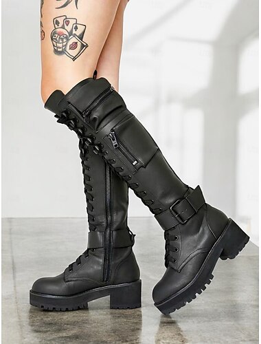  Botas de combate negras para mujer con bolsillos laterales: botas de moto con cordones y tacón grueso con correa de hebilla, perfectas para aventuras al aire libre y estilo urbano
