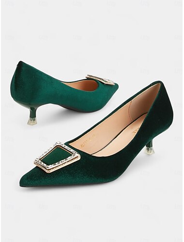  Groene fluwelen kitten heels met puntige neus en strass gesp voor dames – elegante pumps voor formele evenementen en feesten