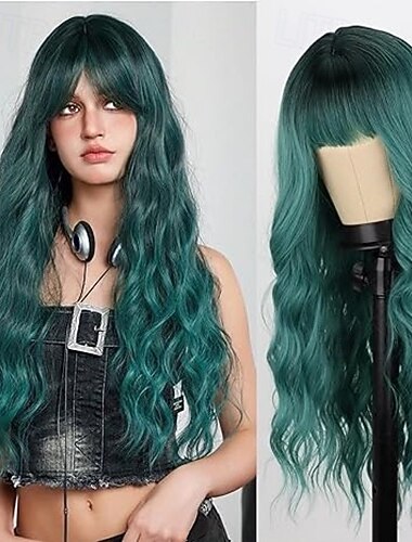  Wavy Wig with Bangs Long Wig for Women Heat Resistant Synthetic Wigs Daily Party Holiday Festival Chrismas Travel Used