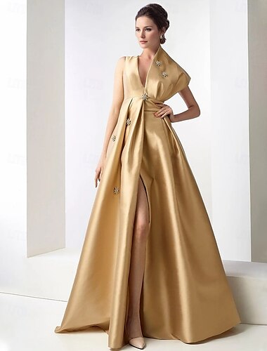  Champagner-Gold A-Linie Satin Abendkleid elegantes Herbst Hochzeitsgastkleid Karneval formell bodenlang ärmellos V-Ausschnitt Tasche mit Strass Perlen 2025