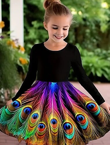  Mädchen' 3D Graphic Pfau Kleid Langarm Sommer Frühling Urlaub Täglich Festtage Prinzessin Schön Süß kinderkleidung 4-12 Jahre Casual kleid A Linie Kleid Knielang Regular Fit